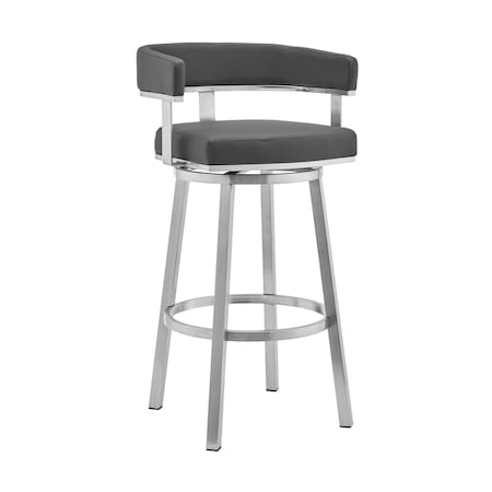 Armen Living Lorin 26" Gray Faux Leather and Brushed Stainless Steel Swivel Bar Stool LCLRBABSGR26